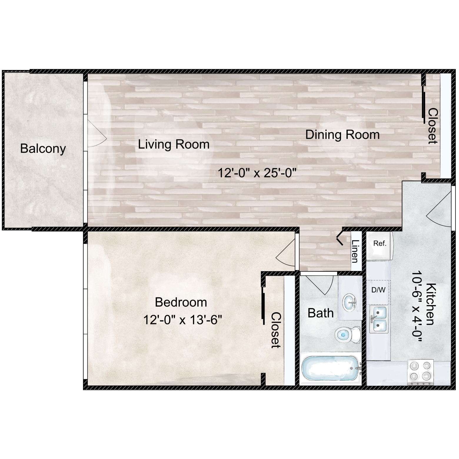 Floor plan for 1 bed, 1 bath, 726 sqft